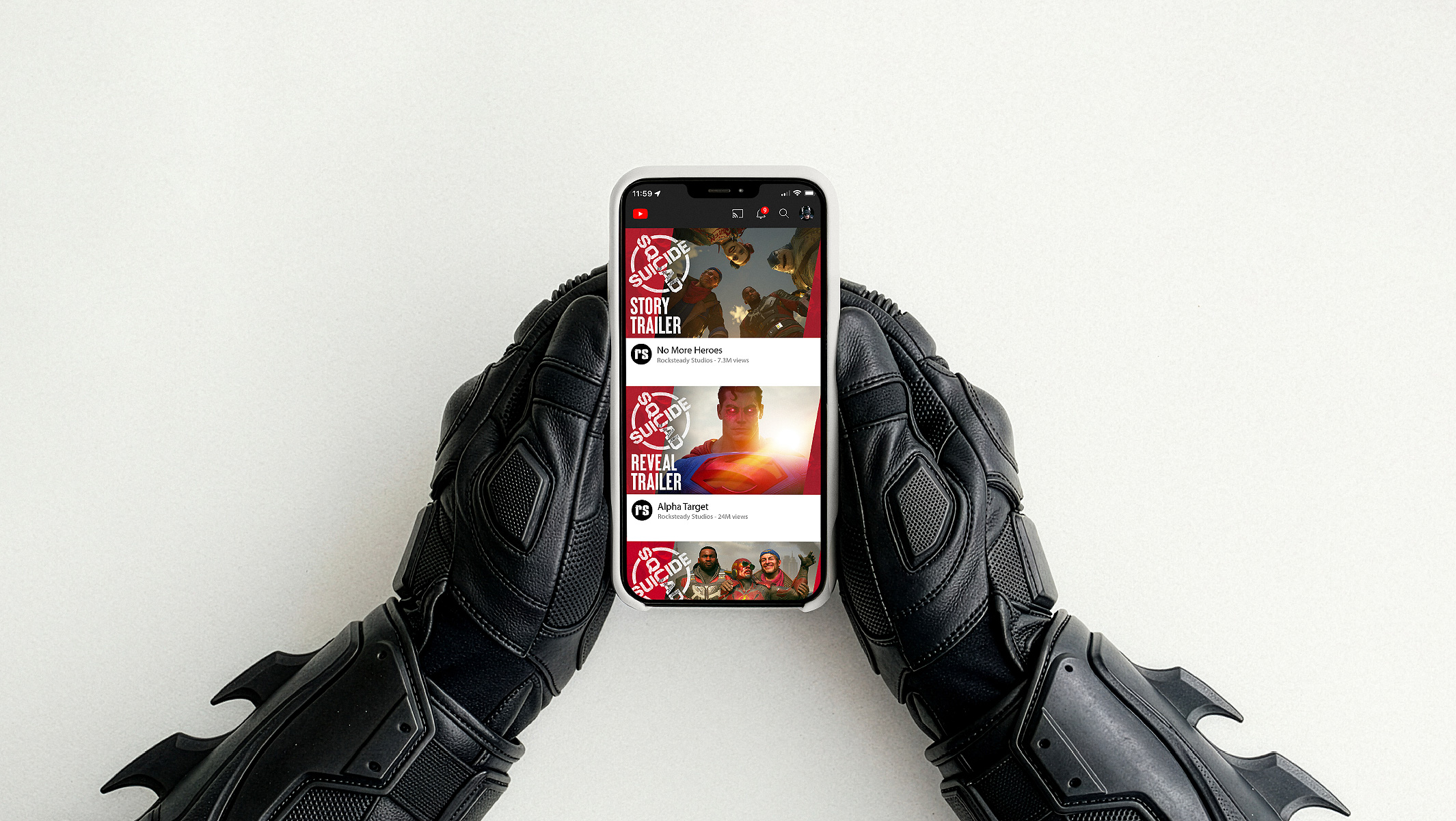 Phone showing Suicide Squad YouTube channel