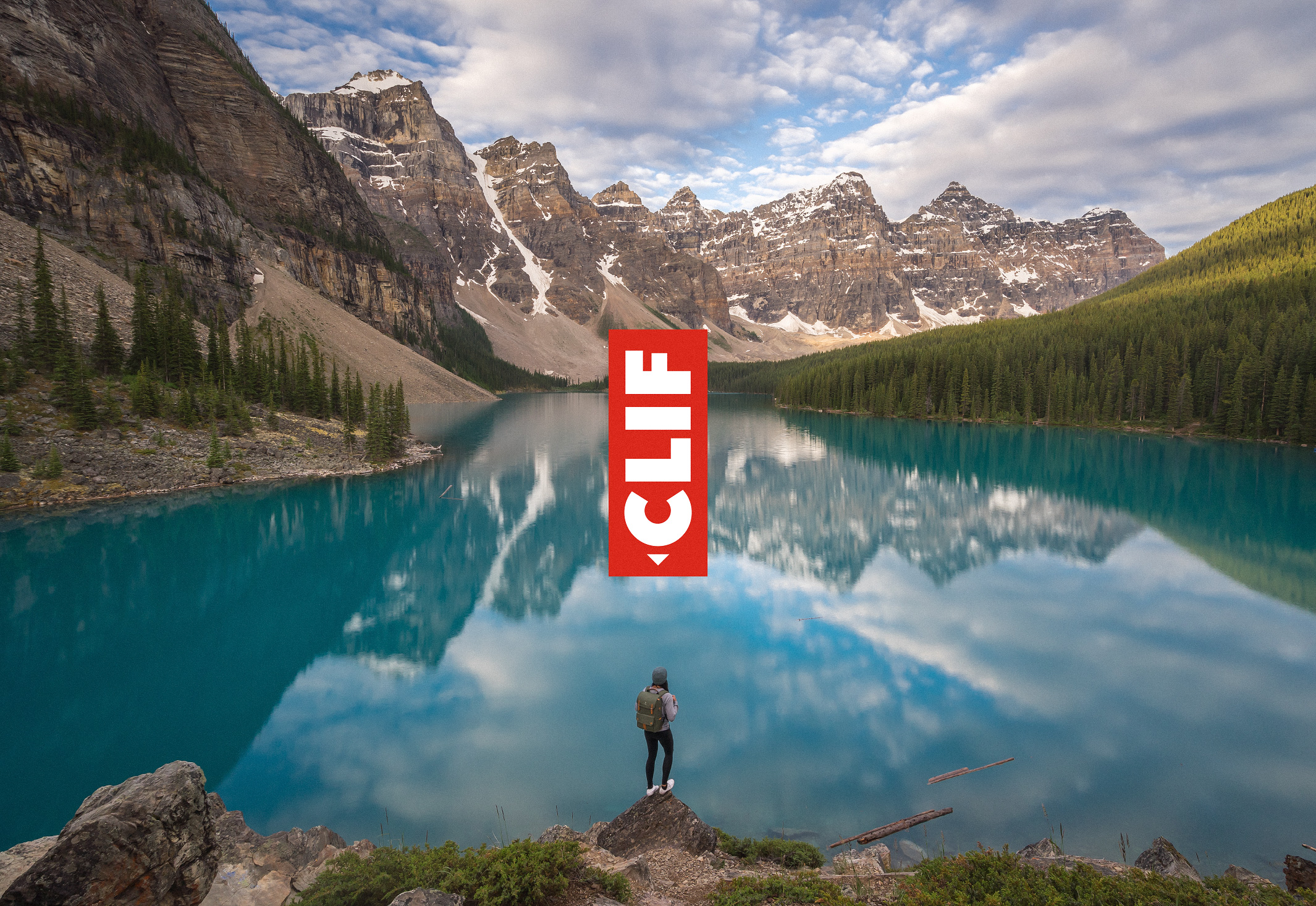 Moraine Lake landscape with Clif logo