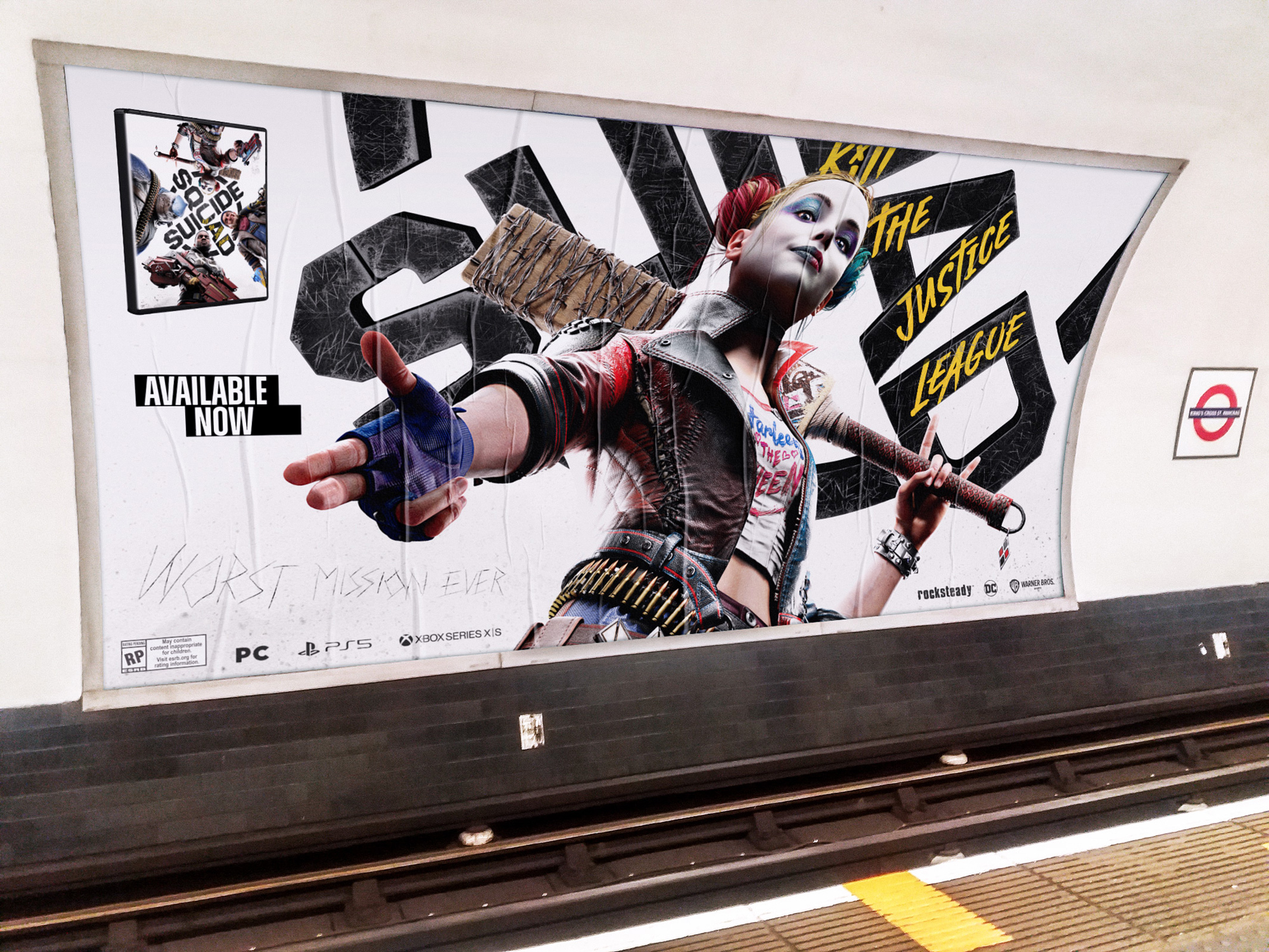 London Underground billboard with Harley Quinn artwork